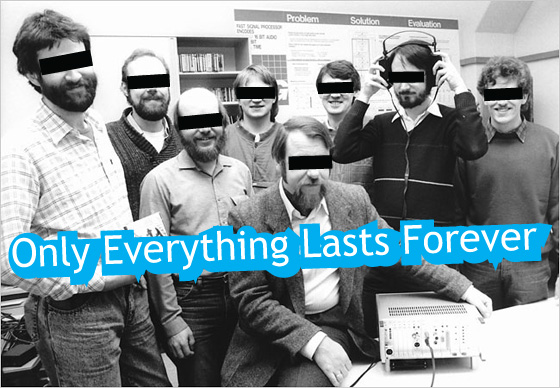 Nine people in a studio with black bars over their eyes and the title Only Everything Lasts Forever.